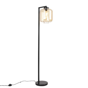 Dizajnová stojaca lampa čierna s jantárovým sklom - Qara