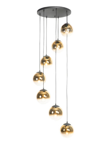 Art Deco závesná lampa čierna so zlatým sklom 7 svetiel - Pallon