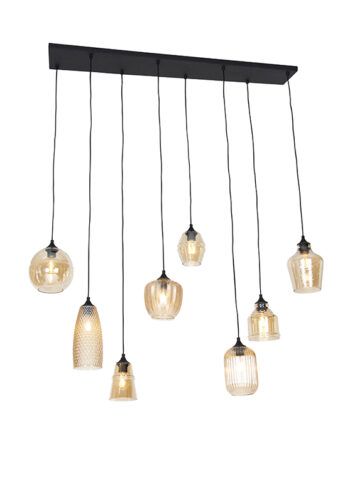 Art Deco závesná lampa čierna s jantárovým sklom 8 svetiel - Hanne
