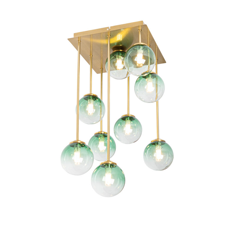 Stropná lampa v štýle Art Deco zlatá so zeleným sklom 9 svetiel - Atény