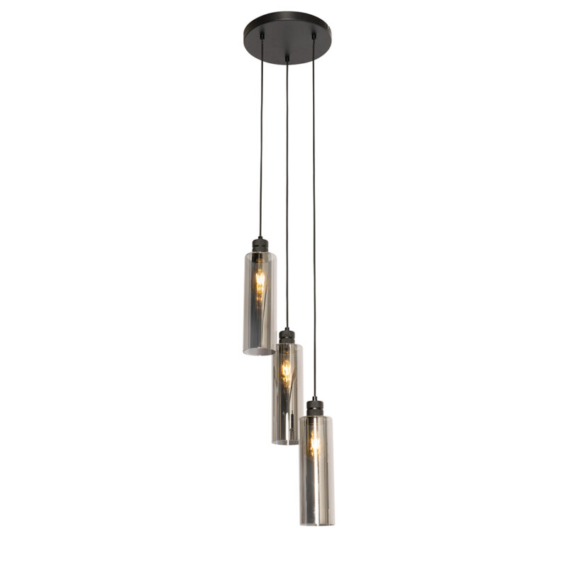 Moderne hanglamp zwart met smoke glas 3-lichts - Stavelot