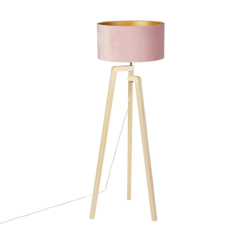Stojatá lampa statívové drevo s ružovým zamatovým odtieňom 50 cm - Puros