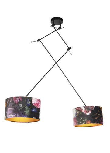 Závesná lampa s velúrovými odtieňmi kvetov so zlatom 35 cm - Blitz II čierna